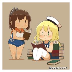 Rule 34 | 10s, 2girls, blonde hair, blue eyes, book, brown eyes, brown hair, capriccyo, chibi, glasses, hat, i-401 (kancolle), i-8 (kancolle), kantai collection, low twintails, multiple girls, one-piece swimsuit, peaked cap, ponytail, sailor collar, school swimsuit, swimsuit, swimsuit under clothes, thighhighs, twintails, white legwear, | |