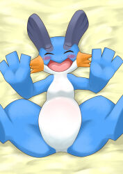 Rule 34 | 1girl, ^ ^, arms up, bed sheet, blue skin, blush, closed eyes, colored skin, creatures (company), dakimakura (medium), female focus, flat chest, from above, furry, furry female, game freak, gen 3 pokemon, kame (3t), lying, multicolored skin, nintendo, on back, open mouth, pokemon, pokemon (creature), raised eyebrows, solo, spread legs, swampert, thick thighs, thighs, two-tone skin, white skin, yellow background
