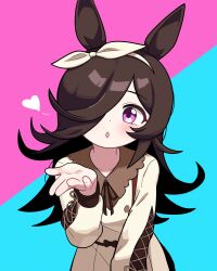 1girl :o animal_ears blowing_kiss blush bow_hairband brown_dress brown_hair dot_nose dress hair_over_one_eye hairband heart highres horse_ears jorang_(jorang08) long_hair long_sleeves multicolored_hair neck_ribbon pink_eyes ribbon rice_shower_(umamusume) solo two-tone_hair umamusume