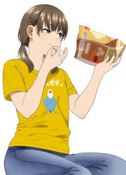Rule 34 | 1girl, bird, brown eyes, brown hair, chips (food), clothes writing, denim, eating, food, hair ornament, hairclip, holding, jeans, mattaku mousuke, original, pants, parakeet, potato chips, shirt, simple background, sitting, solo, t-shirt, twintails, white background