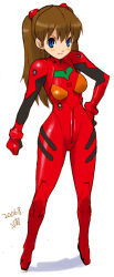Rule 34 | 1girl, blush, bodysuit, breasts, brown hair, curvy, full body, hand on own hip, junkaido, looking at viewer, neon genesis evangelion, plugsuit, red bodysuit, shiny clothes, souryuu asuka langley, standing, two side up, wide hips
