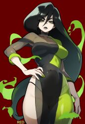 Rule 34 | absurdres, alternate costume, black dress, black hair, breasts, colored smoke, dress, fingernails, green eyes, green smoke, hand on own hip, highres, kim possible (series), large breasts, lips, long hair, red background, redpostit, see-through, sharp fingernails, shego, smoke