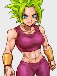 Rule 34 | 1girl, abs, blonde hair, bracer, breasts, clenched hands, closed mouth, collarbone, commentary request, dragon ball, dragon ball super, earrings, flat color, fusion, grey background, jewelry, kefla (dragon ball), kemachiku, looking at viewer, medium breasts, midriff, navel, pants, potara earrings, red pants, red shirt, shirt, smile, solo, spiked hair, stomach, super saiyan, tank top, toned