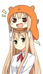 Rule 34 | &gt;:d, 10s, 2girls, :d, artist name, bare legs, blush, blush stickers, brown eyes, brown hair, chibi, chibi on head, doma umaru, dual persona, hamster costume, himouto! umaru-chan, komaru (himouto! umaru-chan), light brown hair, long hair, lying, multiple girls, no pupils, on head, on stomach, open mouth, red ribbon, ribbon, shirt, sky-freedom, smile, v-shaped eyebrows, white shirt