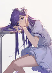 Rule 34 | 1girl, absurdres, blue nails, bow, bug, butterfly, closed mouth, dress, fate/grand order, fate (series), hair bow, highres, insect, lance (lancelliu), long hair, looking at viewer, meltryllis (fate), nail polish, purple dress, purple hair, short sleeves, simple background, sitting, solo, thighs, white bow