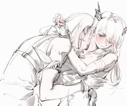Rule 34 | 2girls, arknights, arm up, bare shoulders, blush, ch&#039;en (arknights), dragon horns, embarrassed, fingerless gloves, gloves, greyscale, hair between eyes, horns, hoshiguma (arknights), kiss, kissing neck, long hair, looking at another, monochrome, multiple girls, one eye closed, open mouth, otammato, parted lips, simple background, sleeveless, upper body, white background, yuri