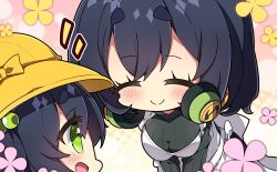 Rule 34 | 2girls, :d, apron, black hair, black sweater, blush, bow, breasts, closed eyes, closed mouth, commentary request, floral background, green eyes, hair between eyes, hair bobbles, hair ornament, halftone, halftone background, hat, hat bow, headphones, headphones around neck, highres, kyoumachi seika, large breasts, milkpanda, multiple girls, notice lines, one side up, open mouth, ribbed sweater, school hat, short eyebrows, smile, sweater, thick eyebrows, turtleneck, turtleneck sweater, voiceroid, white apron, yellow bow, yellow headwear