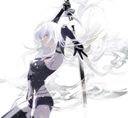 Rule 34 | 1girl, android, armlet, arms up, black gloves, blue eyes, cofffee, elbow gloves, gloves, holding, holding sword, holding weapon, joints, katana, long hair, nier:automata, nier (series), robot joints, short shorts, shorts, solo, sword, tank top, weapon, white background, white hair, a2 (nier:automata)