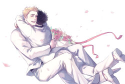 Rule 34 | 2boys, animification, arethusa smile, avengers (series), back, black hair, black shirt, blonde hair, blush, bouquet, buttons, closed eyes, collared jacket, fingernails, flower, formal, happy, holding, holding bouquet, hug, jacket, leaf, long sleeves, male focus, marvel, multiple boys, open mouth, pants, petals, pink flower, pink rose, rose, shirt, shoes, short hair, simple background, sitting, smile, steve rogers, suit, teeth, tongue, tony stark, white background, white footwear, white jacket, white pants, yaoi