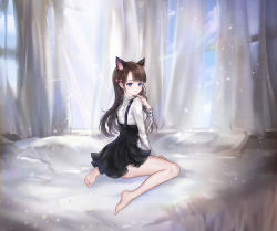 Rule 34 | 1girl, 96dgd, absurdres, animal ears, bare legs, barefoot, black dress, black hair, blouse, blue eyes, bow, cat ears, character request, dress, female focus, finger to mouth, full body, hair bow, highres, indoors, legs, long hair, looking at viewer, looking back, maplestory, maplestory 2, outdoors, pink bow, shirt, sitting, sky, smile, snow, soles, solo, wariza, white shirt