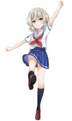 Rule 34 | 10s, 1girl, abe kanari, arm up, black socks, emblem, frilled skirt, frills, full body, high school fleet, kneehighs, loafers, looking at viewer, neckerchief, outstretched arms, pleated skirt, purple eyes, red neckerchief, school uniform, serafuku, shoes, short hair, short sleeves, simple background, skirt, smile, socks, solo, standing, standing on one leg, tateishi shima, white background, white hair
