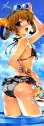 Rule 34 | 1girl, :d, absurdres, aircraft, airplane, arm up, ass, bare shoulders, bikini, bikini skirt, black bikini, bracelet, braid, brown eyes, brown hair, chidori minamo, day, eyewear on head, fang, female focus, flat chest, frilled swimsuit, frills, highres, holding, holding shoes, jewelry, long image, looking at viewer, looking back, lots of jewelry, misaki kurehito, o-ring, o-ring top, one eye closed, open mouth, polka dot, polka dot bikini, polka dot swimsuit, scan, shiny skin, shoes, smile, smile cubic!, solo, string bikini, submerged, suiheisen made nan mile?, sumairu cubic!, sunglasses, swimsuit, tall image, twin braids, wading, water