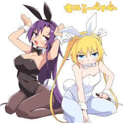Rule 34 | 2girls, alternate costume, animal ears, arched back, arm between legs, arm support, arms up, black bow, black bowtie, black hairband, black leotard, blonde hair, blue eyes, bow, bowtie, breasts, brown pantyhose, cleavage, clenched teeth, commentary request, copyright name, detached collar, fake animal ears, full body, goshiki agiri, grey pantyhose, grimace, hairband, half-closed eyes, highres, holding, holding knife, jitome, kill me baby, knife, large breasts, leaning forward, leotard, long hair, looking at viewer, multiple girls, pantyhose, playboy bunny, purple eyes, purple hair, rabbit ears, rabbit pose, rabbit tail, raised eyebrows, reverse grip, sanpaku, simple background, sitting, small breasts, sonya (kill me baby), squatting, tail, teeth, twintails, v-shaped eyebrows, very long hair, wariza, white background, white bow, white bowtie, white hairband, white leotard, wrist cuffs, yachima tana