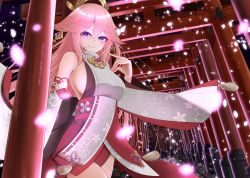 Rule 34 | 1girl, animal ears, bare shoulders, blurry, blurry foreground, blush, breasts, detached sleeves, earrings, floppy ears, fox ears, fox shadow puppet, genshin impact, hair between eyes, highres, japanese clothes, jewelry, large breasts, long hair, looking at viewer, low-tied long hair, nekobaka, nontraditional miko, obiage, pink hair, purple eyes, sideboob, smile, solo, torii, vision (genshin impact), yae miko