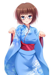 Rule 34 | 1girl, bad id, bad pixiv id, blush, breasts, brown hair, glasses, highres, japanese clothes, kimono, looking at viewer, medium breasts, original, paw pose, red-framed eyewear, short hair, simple background, smile, solo, white background, yappen, yatsu (sasuraino)