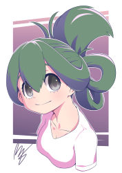 Rule 34 | 10s, 1girl, absurdres, alternate hairstyle, asui tsuyu, black eyes, boku no hero academia, breasts, cleavage, collarbone, green hair, hair between eyes, highres, looking at viewer, ponytail, rogeris, short sleeves, signature, simple background, smile, solo, upper body, white background