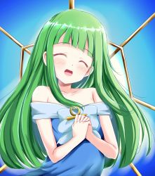 Rule 34 | 1girl, andrew (duel angel), ankh, bare shoulders, blue dress, blush, breasts, closed eyes, commentary, dian keto the cure maiden, dress, duel monster, eyes visible through hair, flat chest, green eyes, green hair, highres, long hair, looking at viewer, open mouth, own hands together, praying, smile, yu-gi-oh!, yu-gi-oh! go rush!!, yu-gi-oh! rush duel
