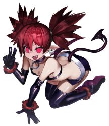 Rule 34 | 1girl, bat wings, boots, braid, buckle, choker, demon girl, demon tail, disgaea, earrings, elbow gloves, etna (disgaea), fang, flat chest, gloves, hair between eyes, jewelry, looking at viewer, mamushi, miniskirt, o-ring, o-ring choker, pointy ears, red eyes, red hair, sidelocks, skirt, skull earrings, smile, solo, tail, thighhighs, twintails, v, wings