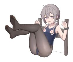 Rule 34 | absurdres, ahoge, bad id, bad pixiv id, bare shoulders, blue one-piece swimsuit, bound, bound wrists, brown pantyhose, feet up, flat chest, girls&#039; frontline, grey hair, hair over shoulder, hands up, highres, lan mao akko, long hair, m200 (girls&#039; frontline), nipple cutout, one-piece swimsuit, pantyhose, pantyhose under swimsuit, parted lips, purple eyes, restrained, school swimsuit, simple background, sitting, solo, swimsuit, toes, torn clothes, torn swimsuit, white background