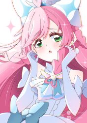 1girl ascot bow braid braided_sidelock brooch cure_prism cut_bangs dress dress_bow earrings elbow_gloves glove_bow gloves green_eyes highres hirogaru_sky!_precure jewelry long_hair looking_at_viewer magical_girl medium_dress open_mouth pink_hair pixiv_username pota_(potacure1011) precure side_braids smile solo sparkle twitter_username very_long_hair white_ascot white_bow white_dress white_gloves wing_brooch wing_hair_ornament