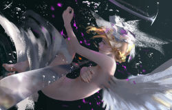 Rule 34 | 1girl, angel, angel wings, barefoot, blonde hair, covering privates, covering breasts, falling, feathered wings, fetal position, ghostblade, hair ornament, halo, hand on breast, nude, original, petals, red lips, short hair, solo, water, weapon, wings, wlop