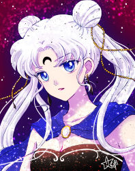 Rule 34 | 1girl, bishoujo senshi sailor moon, blue cape, blue eyes, breasts, cape, cleavage, collarbone, crescent, crescent facial mark, double bun, earrings, facial mark, floating hair, hair intakes, highres, hoshikuzu (milkyway792), jewelry, long hair, medium breasts, open mouth, silver hair, solo, strapless, tsukino usagi, upper body, very long hair