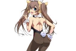 Rule 34 | 10s, 1girl, animal ears, ass, back, blue eyes, bow, bowtie, brown hair, earrings, fake animal ears, female focus, huang lingyin, infinite stratos, jaga note, jewelry, leotard, long hair, looking back, open mouth, pantyhose, playboy bunny, rabbit ears, simple background, smile, solo, standing, tail, twintails, white background, wrist cuffs