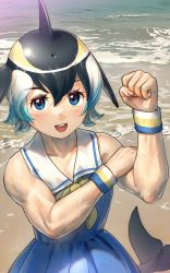 Rule 34 | 1girl, :d, absurdres, bare shoulders, beach, biceps, black hair, blowhole, blue dress, blue eyes, blue hair, cetacean tail, collarbone, commentary, common dolphin (kemono friends), day, dress, fins, fish tail, flippers, hair between eyes, highres, kemono friends, looking at viewer, multicolored hair, muscular, muscular female, open mouth, outdoors, sailor dress, short hair, smile, solo, tail, teeth, upper teeth only, water, welt (kinsei koutenkyoku), white hair, wristband
