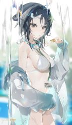 Rule 34 | 1girl, ahoge, arknights, bare shoulders, bikini, black hair, breasts, goggles, goggles around neck, hair ornament, highres, id card, jacket, la pluma (arknights), la pluma (summer flowers) (arknights), long sleeves, looking at viewer, medium breasts, navel, off shoulder, official alternate costume, open clothes, open jacket, parted lips, short hair, solo, stomach, swimsuit, water, waterfall, wet, whistle, whistle around neck, white bikini, yuuki uyu