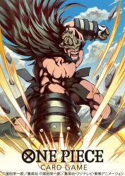 Rule 34 | 1boy, attack, beard, black hair, boots, commentary request, copyright name, facial hair, giant, gloves, hajrudin, helmet, long hair, looking at viewer, male focus, muscular, muscular male, nekobayashi, official art, one piece, one piece card game, open mouth, skirt, sky, solo, topless male