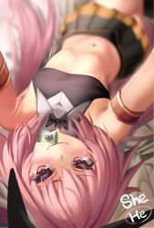 Rule 34 | 1boy, absurdres, astolfo (fate), astolfo (saber) (fate), b-pang, bare shoulders, black shirt, black skirt, blush, bow, bowtie, crop top, fang, fate/grand order, fate (series), hair bow, hair ribbon, highres, long hair, looking at viewer, low twintails, lying, male focus, midriff, mouth hold, multicolored hair, navel, on back, pink hair, purple eyes, ribbon, shirt, skirt, smile, streaked hair, thighs, trap, twintails, upside-down, white hair