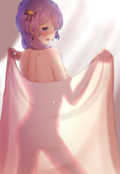 Rule 34 | 1girl, :o, absurdres, back, bed sheet, bernadetta von varley, blush, bow, breasts, earrings, embarrassed, fingernails, fire emblem, fire emblem: three houses, full-face blush, hair bow, hair ornament, highres, holding, holding sheet, indoors, jewelry, light rays, looking at viewer, looking back, md5 mismatch, medium breasts, medium hair, naked sheet, nintendo, nude, open mouth, parupome, purple eyes, purple hair, resolution mismatch, silhouette, solo, standing