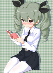 Rule 34 | 10s, 1girl, a9b (louis814), absurdres, anchovy (girls und panzer), blush, book, drill hair, girls und panzer, green hair, hair ribbon, highres, necktie, open book, pantyhose, pleated skirt, reading, red eyes, ribbon, school uniform, sitting, skirt, solo, twintails, wavy mouth, white pantyhose