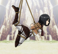 1girl 3koma bdsm belt black_hair bondage boots bound comic female_focus hair_between_eyes looking_at_viewer mikasa_ackerman military military_uniform rope scarf shingeki_no_kyojin short_hair solo suspension tk8d32