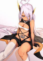 Rule 34 | 1girl, anchor, asymmetrical legwear, azur lane, bandeau, bare shoulders, black gloves, blue eyes, breasts, cleavage, covered erect nipples, dark-skinned female, dark skin, fu-ta, gloves, hair over one eye, hand rest, headgear, indianapolis (azur lane), kneehighs, long hair, looking at viewer, mismatched legwear, navel, open clothes, open mouth, open shorts, shorts, single kneehigh, single sock, single thighhigh, sitting, socks, solo, teeth, thighhighs, very long hair, white hair, white socks