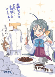 Rule 34 | 10s, 1boy, 2girls, :d, ahoge, arms behind back, artist name, blue hair, bow, brown hair, butter knife, crying, crying with eyes open, food, fork, grey eyes, grey hair, hair ribbon, headgear, hiding, holding, holding fork, holding knife, kantai collection, kiyoshimo (kancolle), knife, kongou (kancolle), long sleeves, military, military uniform, multicolored hair, multiple girls, naval uniform, nontraditional miko, o o, open mouth, ribbon, sensen, smile, sparkle, sweatdrop, t-head admiral, teardrop, tears, translation request, two-tone hair, uniform