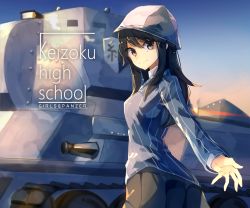 Rule 34 | 10s, 1girl, bad id, bad pixiv id, blue hat, blue shirt, brown eyes, brown hair, bt-42, copyright name, emblem, from behind, girls und panzer, grey skirt, hat, highres, long hair, long sleeves, looking at viewer, looking back, mika (girls und panzer), military, military vehicle, miniskirt, motor vehicle, pleated skirt, reaching, school uniform, shirt, skirt, sky, smile, solo, standing, striped clothes, striped shirt, suminagashi, tank, vertical-striped clothes, vertical-striped shirt