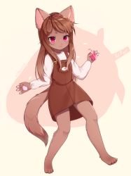 Rule 34 | 1girl, :3, animal ears, animal hands, barefoot, blush, body fur, brown background, brown dress, brown hair, cat ears, cat girl, cat tail, claws, closed mouth, dress, drink, drinking straw, english text, female focus, full body, furry, furry female, hands up, happy, highres, holding, juice box, long hair, long sleeves, looking at viewer, methynecros, original, pawpads, pinafore dress, pink eyes, shirt, sidelocks, simple background, sleeveless, sleeveless dress, smile, solo, standing, tail, two-tone background, white shirt