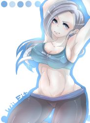 Rule 34 | 1girl, armpits, arms up, bad id, bad pixiv id, breasts, cameltoe, cleavage, clothes writing, colored skin, covered erect nipples, cowboy shot, eyelashes, female focus, grey eyes, grey hair, highres, junior (namatamemisa), long hair, midriff, navel, nintendo, ponytail, short hair, sideboob, solo, spandex, stretching, super smash bros., tank top, taut clothes, toned, white skin, wii fit, wii fit trainer, wii fit trainer (female)