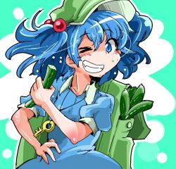 Rule 34 | 1girl, backpack, bag, blue eyes, blue hair, cucumber, grin, hair bobbles, hair ornament, hand on own hip, hat, highres, kawashiro nitori, key, matching hair/eyes, one eye closed, shinapuu, short hair, skirt, smile, solo, touhou, twintails, two side up