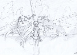 Rule 34 | 1girl, aircraft, airplane, b-52 stratofortress, bad id, bad pixiv id, cable, cloud, female focus, greyscale, hair over eyes, hatsune miku, heavy bomber, highres, koi wa sensou (vocaloid), long hair, megaphone, monochrome, necktie, outdoors, penetrator (aircraft), phantania, ruins, signature, sketch, skirt, sky, solo, strategic bomber, thighhighs, traditional media, very long hair, vocaloid, wading, water, wind