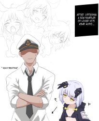 1boy 2girls ? ahegao ahoge arbiter_the_lovers_vi_(azur_lane) azur_lane black_bra black_jacket black_necktie blush bra closed_mouth collared_shirt commander_(azur_lane) crossed_arms english_text explorer_(azur_lane) flat_chest hat heart heart-shaped_pupils highres implied_erection jacket jaggi_95 military_uniform multiple_girls necktie peaked_cap purple_hair ribbon shirt short_hair siren_(azur_lane) sweatdrop symbol-shaped_pupils underwear upper_body white_hat white_shirt yellow_eyes yellow_ribbon