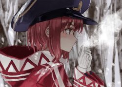 Rule 34 | 10s, 1girl, alternate costume, blush, breath, brown eyes, brown hair, coat, forest, from side, gloves, hat, hood, hood down, kantai collection, long sleeves, nature, outdoors, own hands together, peaked cap, portrait, profile, ruisento, short hair, snowing, solo, steam, white gloves, winter, z3 max schultz (kancolle)