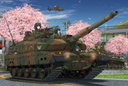 Rule 34 | 2girls, 3boys, active protection system, aircraft, browning m2, cherry blossoms, cloud, commentary request, day, flower, gun, hat, heavy machine gun, helicopter, helmet, highres, japan ground self-defense force, japan self-defense force, japan steel works 120, machine gun, mikeran (mikelan), military, military hat, military uniform, military vehicle, mirror, motor vehicle, mountain, multiple boys, multiple girls, original, road, sky, tank, tank helmet, traffic light, type 10 (tank), type 74 (tank), uniform, utility pole, weapon