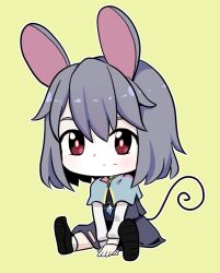 Rule 34 | 1girl, animal ears, capelet, chibi, commentary, crystal, eyebrows hidden by hair, grey capelet, grey hair, grey skirt, mouse ears, mouse girl, mouse tail, nazrin, nets (netsabyss), red eyes, sitting, skirt, skirt set, solo, tail, touhou, yellow background
