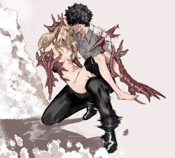 Rule 34 | 1boy, 1girl, barefoot, black gloves, black hair, bleeding, blonde hair, blood, blood on clothes, blood on face, blue eyes, closed mouth, clothed male nude female, convenient censoring, dust, dust cloud, gloves, hair censor, highres, holding, holding person, impaled, injury, long hair, navel, nude, on one knee, organic, original, parted lips, signature, speed lines, toenails, yourfreakyneighbourh