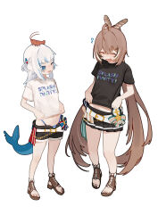 Rule 34 | 2girls, ahoge, alternate costume, bare legs, belt, black shirt, black shorts, black skirt, blue eyes, blue hair, brown hair, closed eyes, clothes writing, feather hair ornament, feathers, fins, fish on head, fish tail, flying sweatdrops, full body, gawr gura, hair ornament, hairclip, highres, hololive, hololive english, kani fish, long hair, looking at another, midriff, miniskirt, multicolored hair, multiple girls, nanashi mumei, open mouth, ponytail, sandals, shark girl, shark tail, shirt, short shorts, short sleeves, shorts, shrimp, sidelocks, simple background, skirt, smile, standing, streaked hair, t-shirt, tail, toes, two side up, very long hair, virtual youtuber, white background, white belt, white hair, white shirt