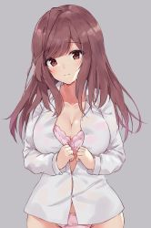 Rule 34 | 1girl, blush, bra, breasts, brown eyes, brown hair, buttons, cleavage, closed mouth, collarbone, collared shirt, cowboy shot, dress shirt, grey background, groin, head tilt, highres, idolmaster, idolmaster shiny colors, large breasts, long hair, long sleeves, looking at viewer, minikon, no pants, panties, partially unbuttoned, pink bra, pink panties, shirt, simple background, smile, solo, standing, tsukioka kogane, underwear, undressing, white shirt