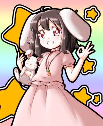 Rule 34 | 1girl, animal ears, black hair, rabbit, rabbit ears, carrot, carrot necklace, dress, grin, inaba tewi, jewelry, necklace, pendant, pink dress, puffy short sleeves, puffy sleeves, red eyes, roco (katsuya1011), short sleeves, smile, solo, star (symbol), touhou