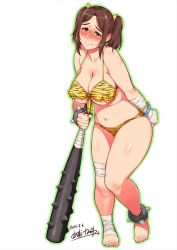 Rule 34 | 1girl, animal print, blush, bracelet, breasts, brown eyes, brown hair, cleavage, club (weapon), embarrassed, full body, highres, horns, jewelry, kanabou, large breasts, looking at viewer, matching hair/eyes, navel, oni, oni horns, plump, short hair, single horn, smile, solo, spiked bracelet, spikes, standing, tiger print, twintails, weapon, yosiura